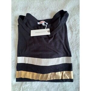 NWT ANTHROPOLOGIE SUNDRY Boxy Black Short Sleeve Tee, Gold & White Stripe, XS